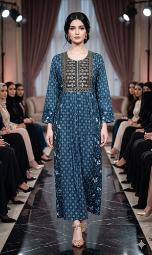 Cotton Embroidered  Jalabiyah 2598 Blue Gold