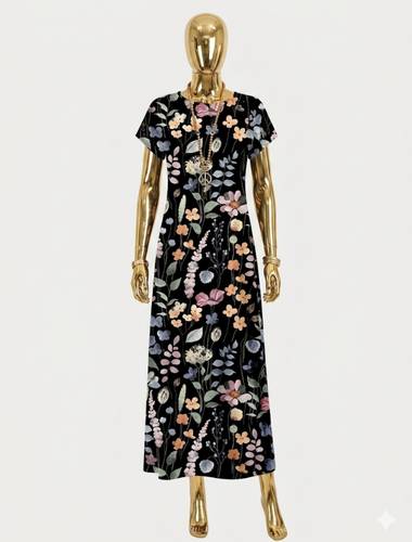 Short-Sleeved Crew Neck Floral Pattern Long Supreme Dress 62112-SIYAH