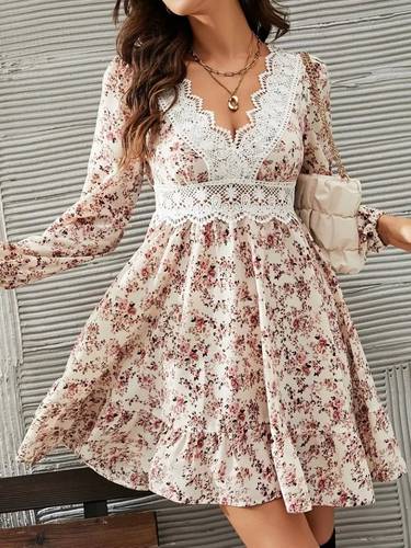 Long Sleeve Lace V-Neck Mini Patterned Supreme Dress 175391