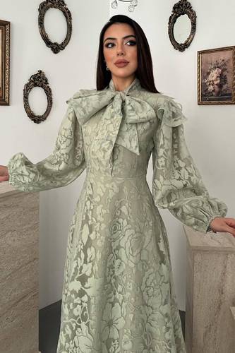 Green Dress with Collar Scarf Detail 9804 فستان 