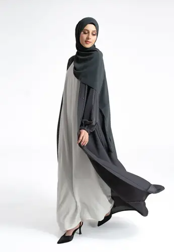 Plain Open Abaya with Cuff Sleeves - Charcoal Grey 64223-524 عباية مفتوحة سادة بأكمام بأساور - رمادي فحمي