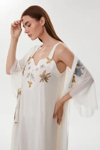 Allison Ecru-Blue Maternity Nightgown & Chiffon Robe