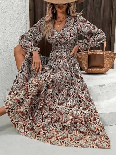 Long-Sleeve V-Neck Elastic Waist Patterned Supreme Dress 181975