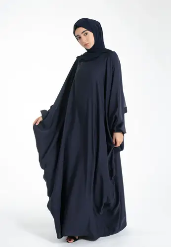 Plain Farasha With Elasticated Cuff Sleeves - Navy 61307-411 عباية فراشة سادة بأكمام مطاطية - كحلي