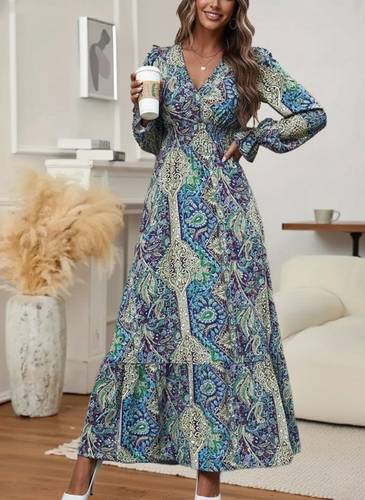 Long-Sleeve Wrap-Neck Patterned Supreme Maxi Dress 176049