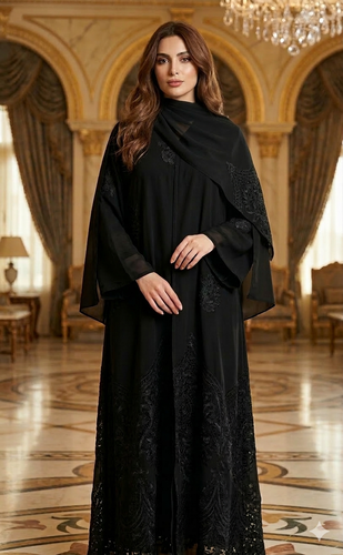 عباية أسود مطرزة مع طرحه 5020