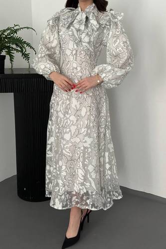 Dress with Collar Scarf Detail 9804 فستان 