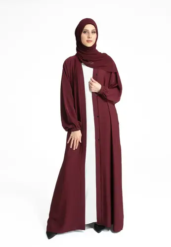 Plain Open Abaya with Cuff Sleeves - Burgundy 64102-330 عباية مفتوحة سادة بأكمام بأساور - عنابي
