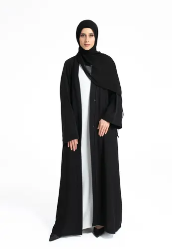 Plain Open Abaya With Wide Sleeves - Black 65010-136 عباية مفتوحة سادة بأكمام واسعة - أسود