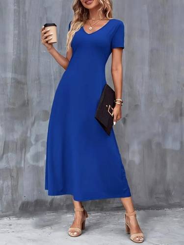 Short-Sleeved V-Neck Viscose Dress with Pockets 160754