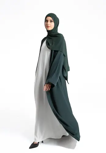 Plain Open Abaya With Wide Sleeves - Forest Green 65309-308 عباية مفتوحة سادة بأكمام واسعة - أخضر غابي