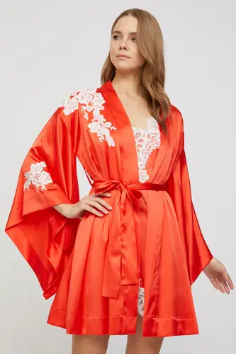 Amore Sunset Coral Silk Nightie with Kimono