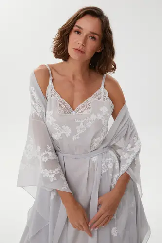 Abella Ice Gray Cotton Voile Nightgown & Chiffon Robe