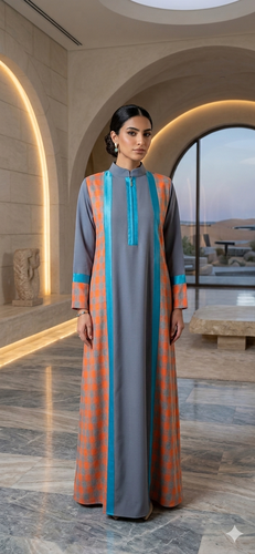 جلابيه كريب باربي أزرق وبرتقالي SH205