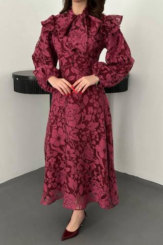 Plum Collar Scarf Detail Dress 9804 فستان 