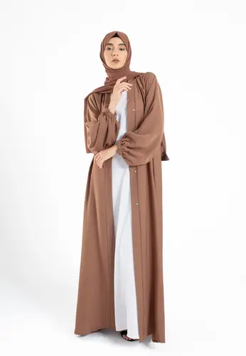 Plain Open Abaya with Cuff Sleeves - Toffee 64120-476 عباية مفتوحة سادة بأكمام مطاطية - توفي