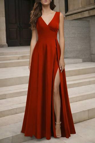 Strappy Wrap Neckline Slit Wide A-Line Detail Long  Crepe Dress 72383-KIRMIZI