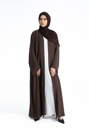 Plain Open Abaya With Wide Sleeves - Brown 65298-272 عباية مفتوحة سادة بأكمام واسعة - بني