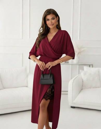 Long-Sleeved Wrap-Neck Midi Dress with Side Lace Trim,  Crepe 61932-BORDO