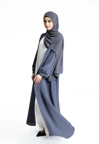 Plain Open Abaya with Cuff Sleeves - Slate Grey 4121-613 عباية مفتوحة سادة بأكمام بأساور - رمادي داكن