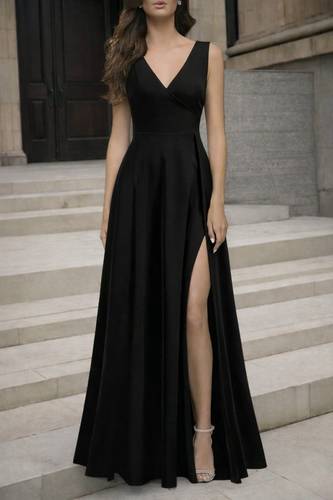 Strappy Wrap Neckline Slit Wide A-Line Detail Long  Crepe Dress 72383-SIYAH