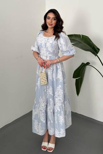 Blue Embroidered Ruffled Dress 9638 فستان 