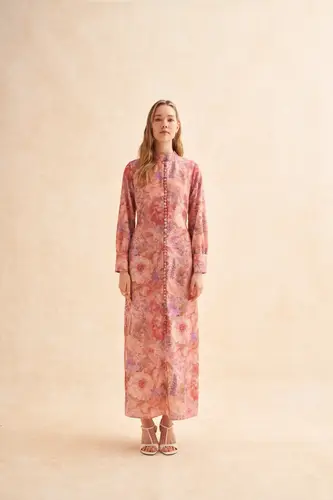 Pink Full Brit Linen Dress فستان كتان وردي كامل بريطاني