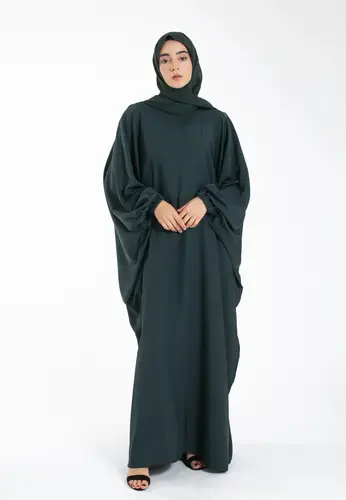 Plain Farasha With Elasticated Cuff Sleeves - Forest Green 61309-382 فراشة سادة بأكمام مطاطية - أخضر غابي