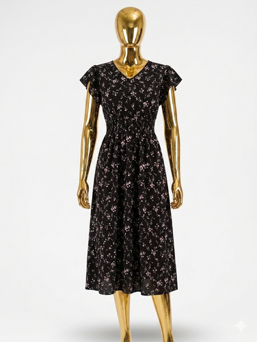 Short-Sleeved V-Neck Elastic Waist Floral Patterned Supreme Dress 97102-SIYAH