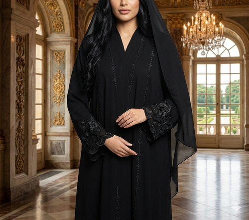 عباية أسود مطرزة مع طرحه 5018