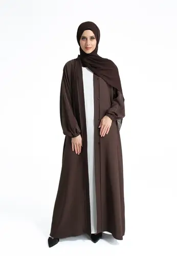 Plain Open Abaya with Cuff Sleeves - Brown 64298-314 عباية مفتوحة سادة بأكمام بأساور - بني