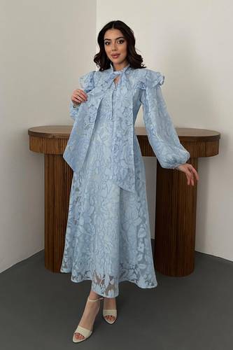 Blue Collar Dress with Scarf Detail 9804 فستان 