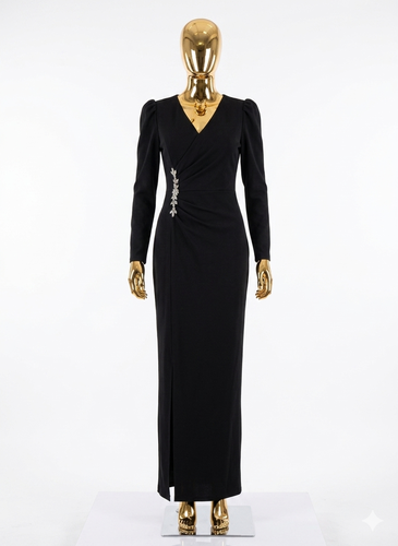 Long-Sleeved Wrap-Neck, Side Embellished, Slit, Long  Crepe Dress 61902-SIYAH