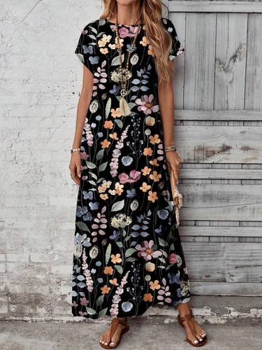 Short-Sleeved Crew Neck Floral Pattern Long Supreme Dress 62112-SIYAH