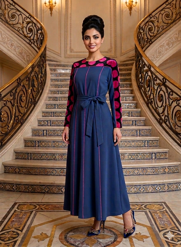 جلابيه كريب باربي مع مخمل أزرق SH155