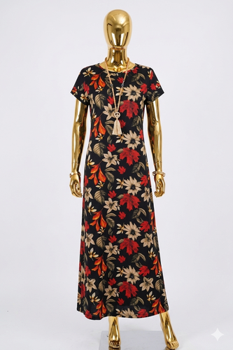 Short-Sleeved Crew Neck Floral Pattern Long Supreme Dress 62112-DESENLI