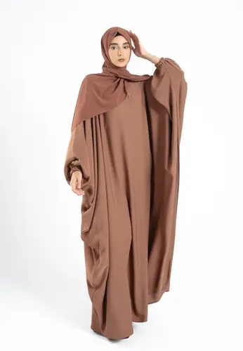 Plain Farasha With Elasticated Cuff Sleeves - Toffee 61120-481 عباية فراشة سادة بأكمام مطاطية توفي