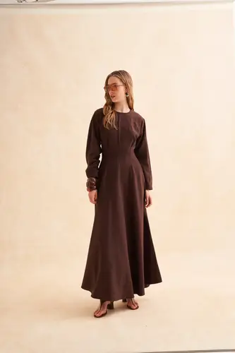 Coffee Cross Detail Linen Dress فستان كتان كوفي بتفاصيل متقاطعة