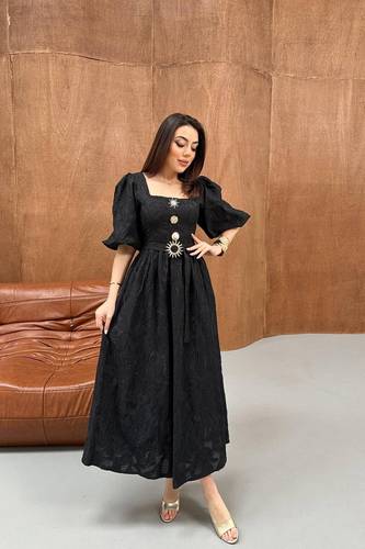 Black Balloon Sleeve Three-Button Dress with Belt Detail 9559 فستان 