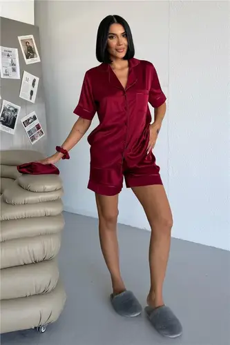 Essenza Notte Burgundy Satin Short Pajama Set