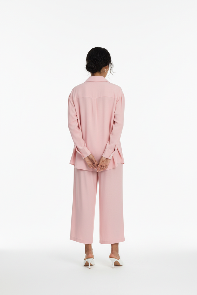 Women Casual Two-Piece Shirt and Wide Pants Set – Pink