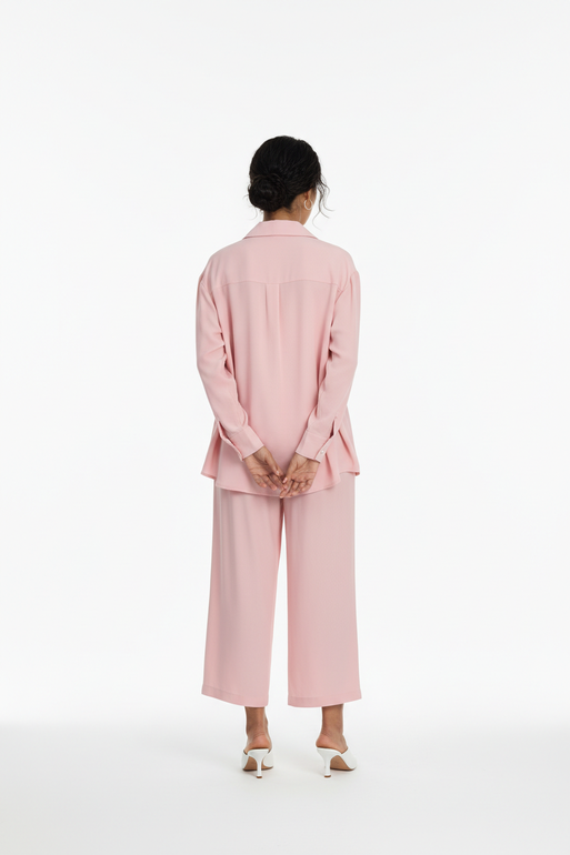 Women Casual Two-Piece Shirt and Wide Pants Set – Pink