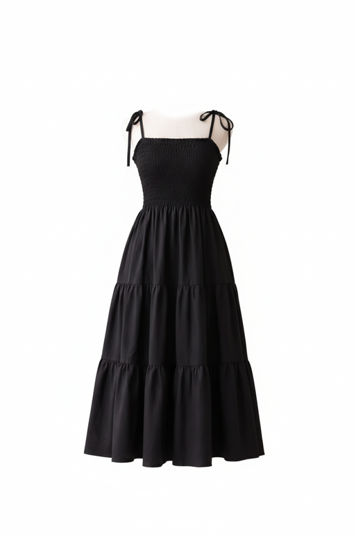 Smocked Strap Midi Dress for Women – Black