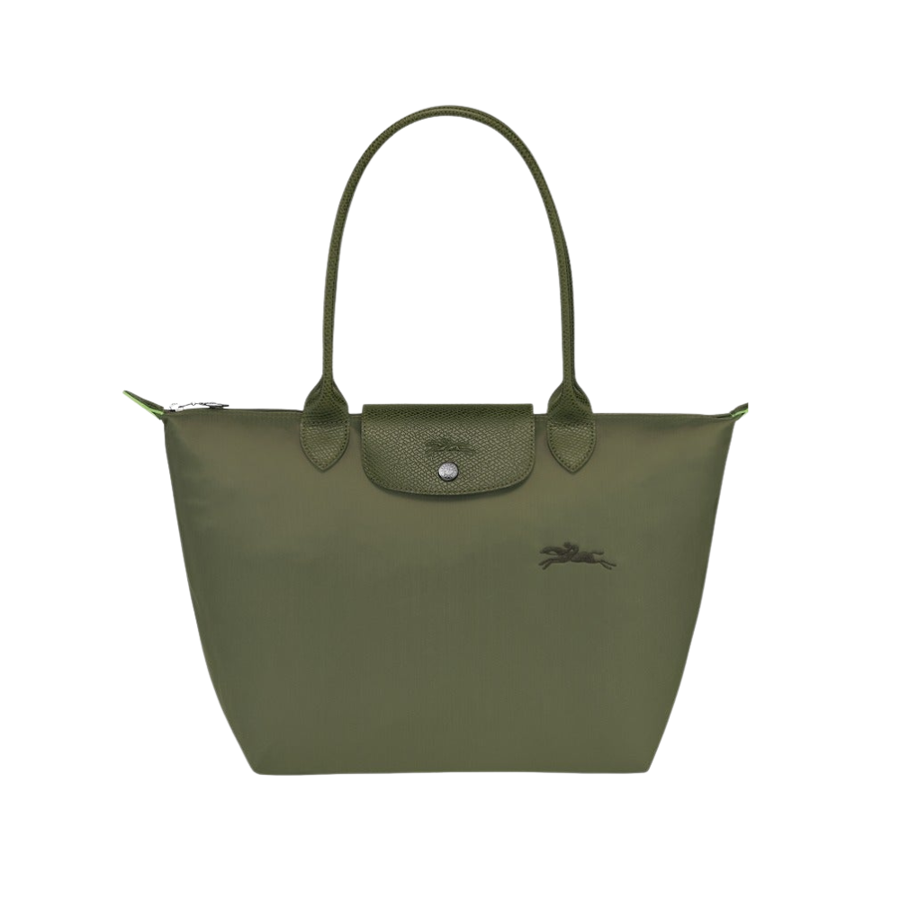 شنطة كتف Longchamp Le Pliage نايلون مع مقبض جلدي – أخضر