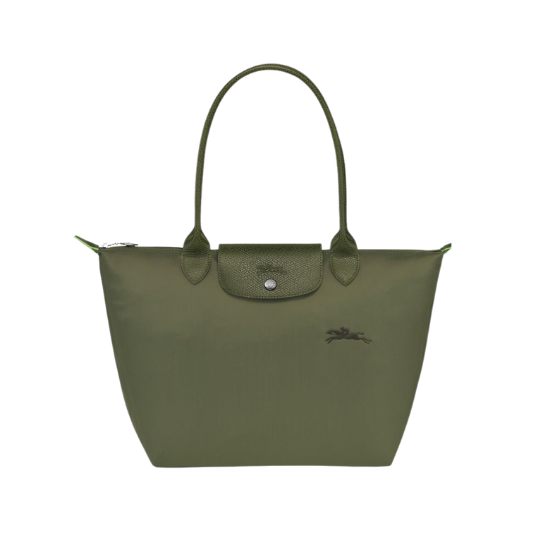 شنطة كتف Longchamp Le Pliage نايلون مع مقبض جلدي – أخضر