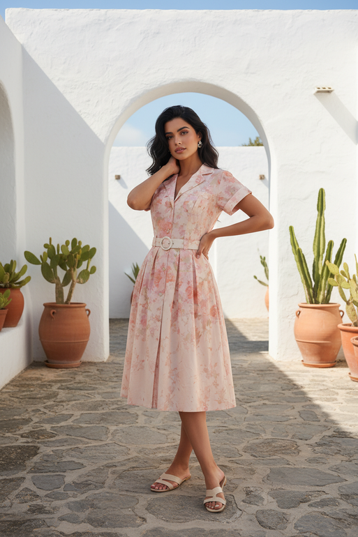 Floral Belted Midi Dress for Women – Peach