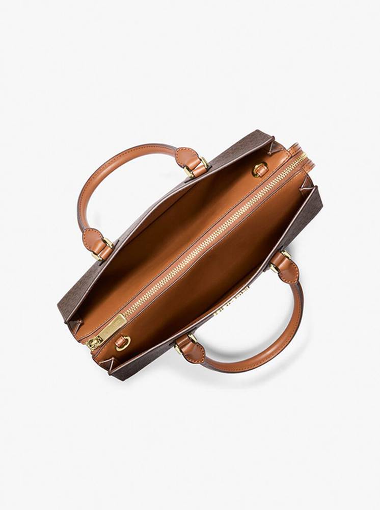 شنطة يد Michael Kors ميني بنقشة MK ومقبض علوي – بني