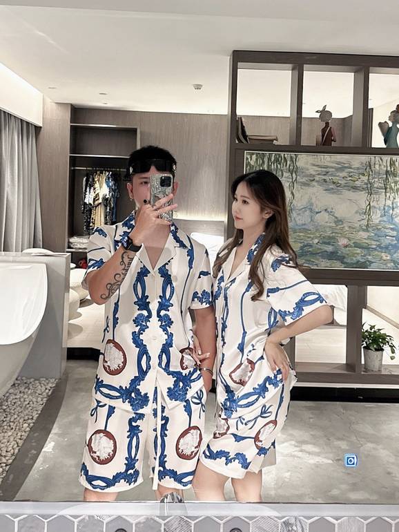 Couple Summer Pajama Set – Luxury Blue & White Baroque Print
