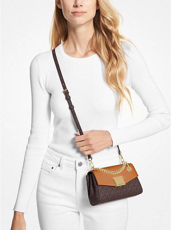 Michael Kors MK Monogram Mini Chain Shoulder Bag – Brown
