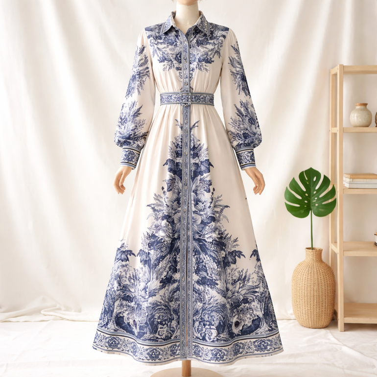 Elegant Blue Floral Maxi Dress for Women – Classic Style